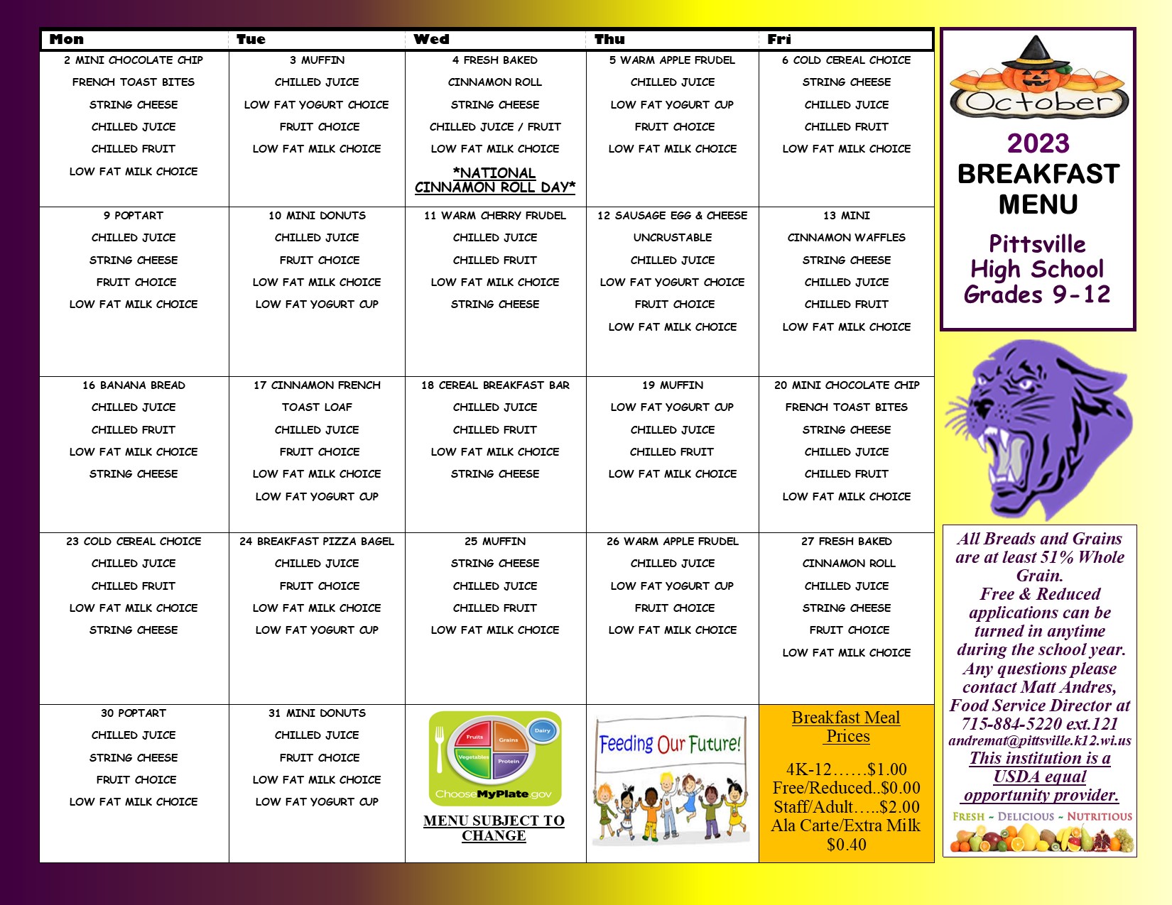 Pittsville Public School District New Lunch Menus